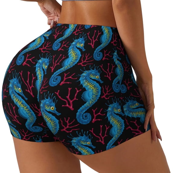 Lsque Blue Seahorse Pattern High Waisted Biker Shorts for Women-Tummy Control Fitness Athletic Workout Running Yoga Gym Shorts,Moisture-Wicking-Small
