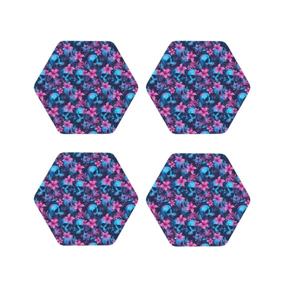Lsque Blue Skull Flower Pattern 4" Drink Coasters Set of 4, PVC Leather Absorbent Coasters, Table Coaster Set Decorative Coffee Cup Coasters Housewarming Gift -Hexagon