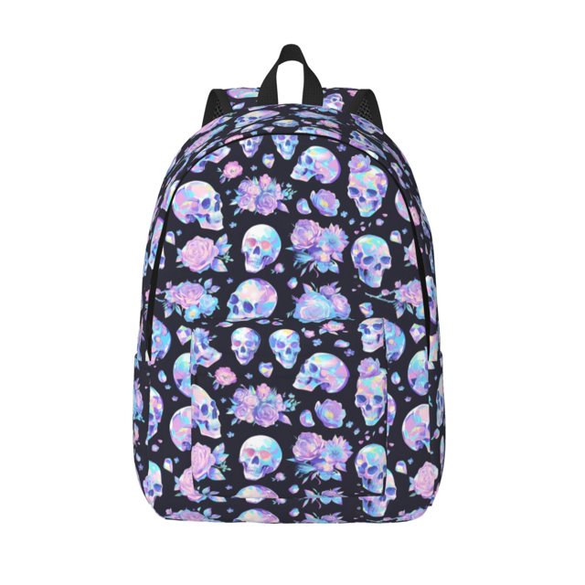 Lsque Blue Skull Flower Pattern Canvas Daypack, Durable Backpack, High