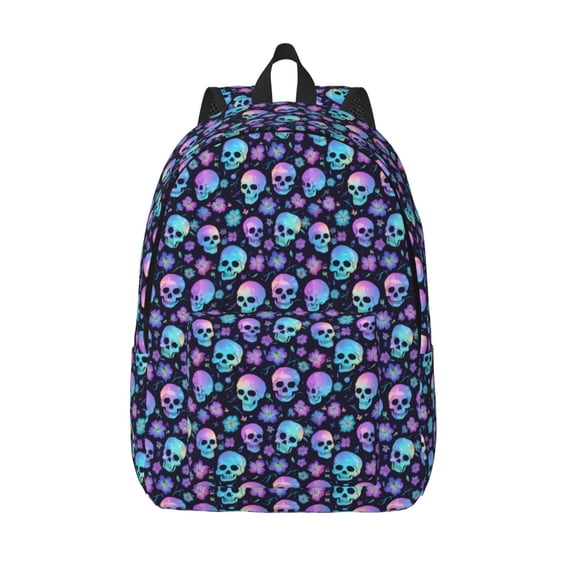 Lsque Blue Skull Flower Pattern Canvas Daypack, Durable Backpack, High-quality Versatile Backpack,Vintage Compact Backpack-Medium