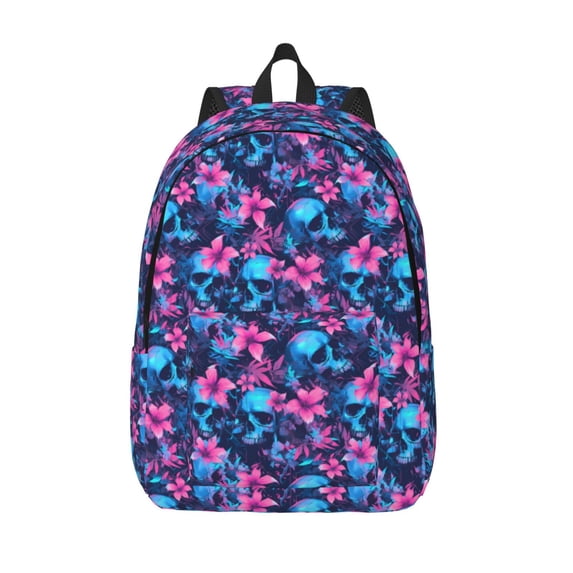 Lsque Blue Skull Flower Pattern Canvas Daypack, Durable Backpack, High-quality Versatile Backpack,Vintage Compact Backpack-Medium