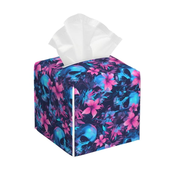 Lsque Blue Skull Flower Printed Tissue Box Cover Holder, Facial Paper Organizer Dispenser,Square with Bottom Belt, PVC Leather Decorative Organizer