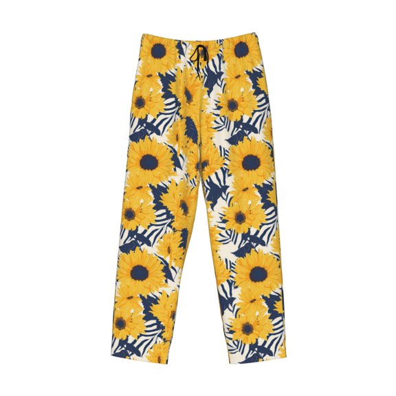 Lsque Blue Striped Sunflower Print Men's Pajama Pants, Lounge Pant - Comfortable Home Wear,Elastic Waistband, Stylish Design-Small