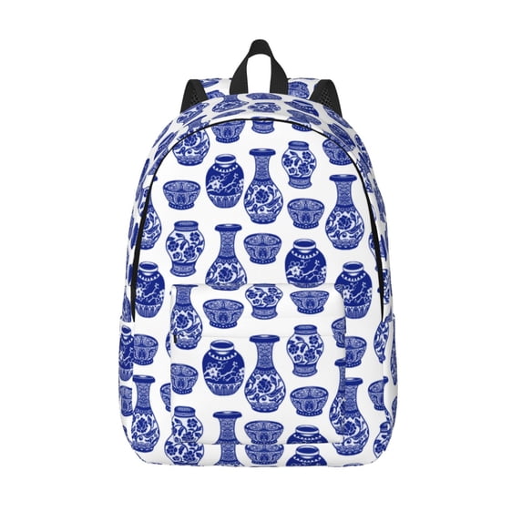 Lsque Blue Vases Pattern Canvas Daypack, Durable Backpack, High-quality Versatile Backpack,Vintage Compact Backpack-Medium