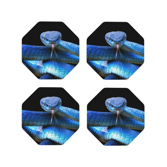 Lsque Blue Viper Snake Pattern 4" Drink Coasters Set of 4, PVC Leather Absorbent Coasters, Table Coaster Set Decorative Coffee Cup Coasters Housewarming Gift -Octagon