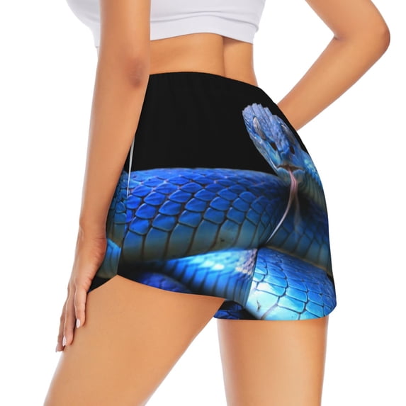 Lsque Blue Viper Snake Printed Women's Running Shorts with Liner Pockets,Elastic Quick Dry Workout Athletic Gym Yoga Shorts,Womens High Waist Shorts-Small