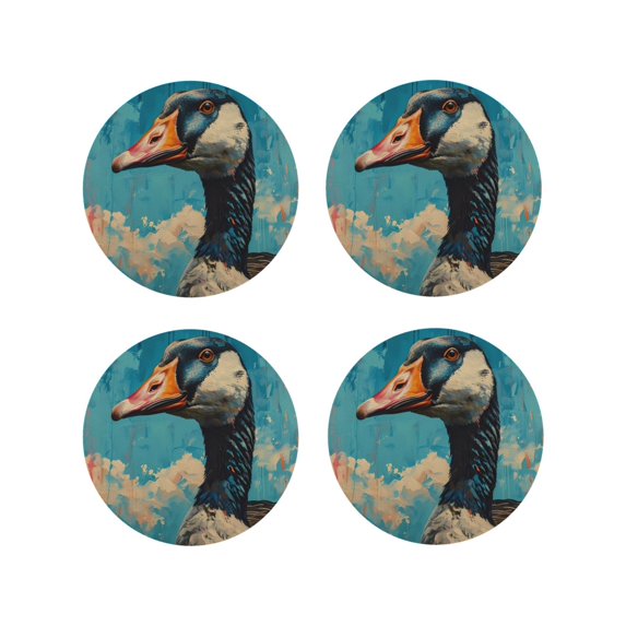 Lsque Blue Watercolor Duck Pattern 4" Drink Coasters Set of 4, PVC Leather Absorbent Coasters, Table Coaster Set Decorative Coffee Cup Coasters Housewarming Gift -Round Shape