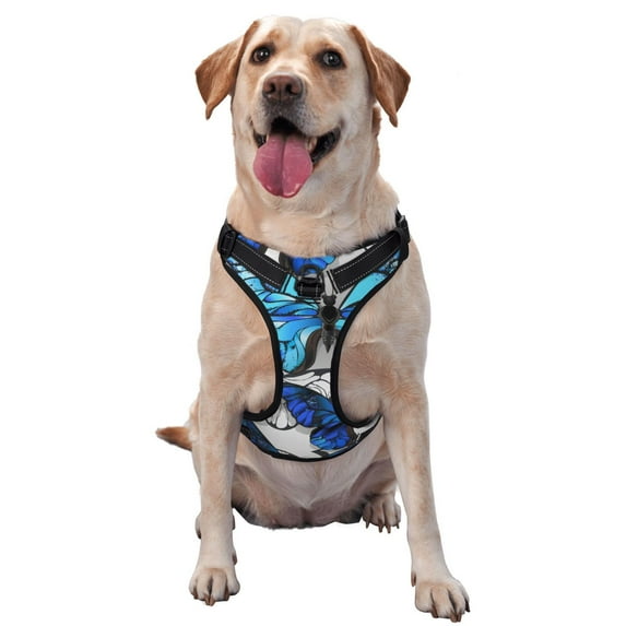 Lsque Blue and White Butterflies Dog Harness, No-Pull Pet Harness with 2 Leash Clips, Adjustable Soft Padded Dog Vest with Easy Control Handle for Large Dogs-