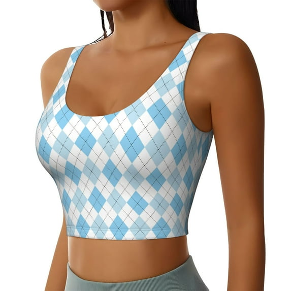 Lsque Blue and White Squares Printed Women'S Sports Bra, Compression, Moisture Wicking, High-Impact Sports Bra For Women,Supportive sports bra-X-Large