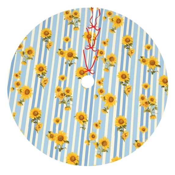 Lsque Blue White Striped Sunflower Print Christmas Tree Skirt, Tree Skirt with Ties or Velcro, Perfect for Holiday Decorations, Halloween, and New Year-48"