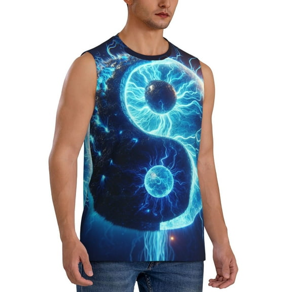 Lsque Blue Yin And Yang Print Men's Cotton Blend Sleeveless Muscle Shirts (S-3XL)- Moisture Wicking, Odor Protection, UPF 30 ,Small