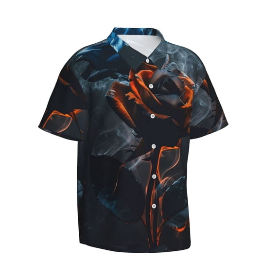 Lsque Blue and Red Roses Artwork pattern Hawaiian Shirt for Men, Unisex Summer Beach Casual Short Sleeve Button Down Shirts-Small