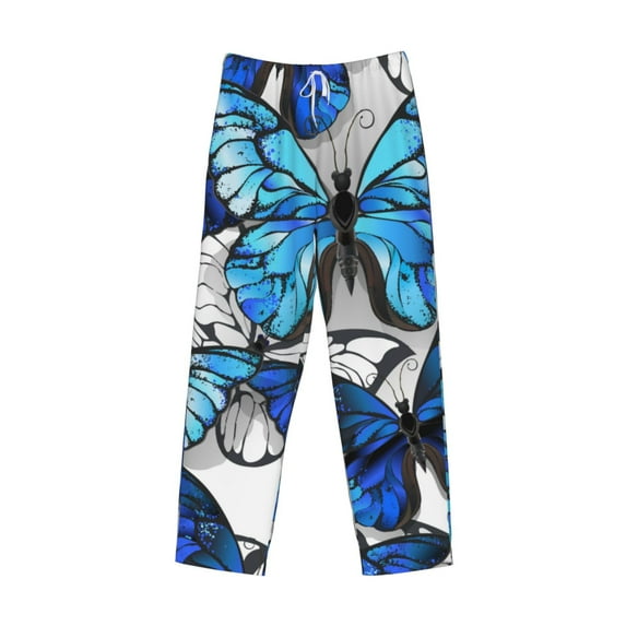 Lsque Blue and White Butterflies Print Men's Pajama Pants, Lounge Pant - Comfortable Home Wear,Elastic Waistband, Stylish Design-Large