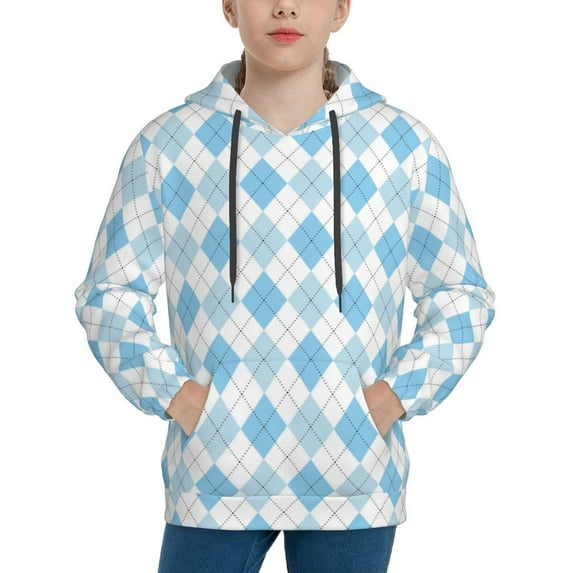 Lsque Blue and White Squares Patten Youth Hoodie Sweatshirt Pullover with Kangaroo Pocket Boys and Girls Hoodie Warm Hoodie for Kids-Large