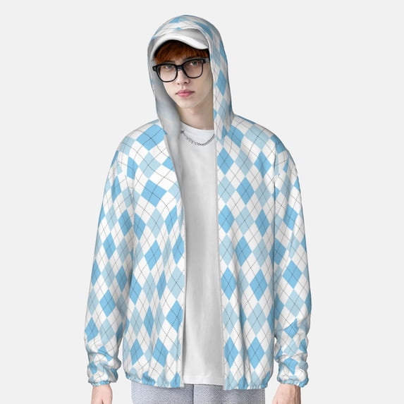 Lsque Blue and White Squares UPF 50+ Lightweight Sun Protection Men's Women's Long Sleeve Shirt, Hoodie Performance -Large