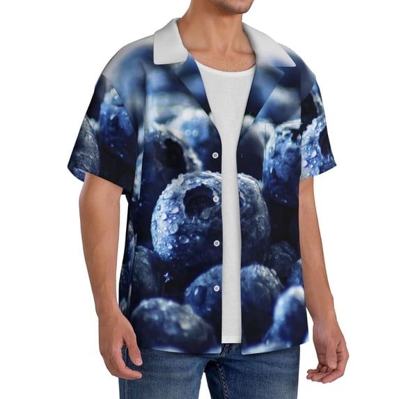 Lsque Blueberry print Men's Cuban Collar Short Sleeve Shirt Summer Beachwear Casual Button Down Fashionable Vacation Leisure Shirt-Small
