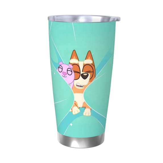 Lsque Bluey Pattern 20oz Car Cup with Lid and Straw, Insulated Coffee Cup with Straw Topper, Spill Proof Travel Coffee Mug, Stainless Steel Tumble