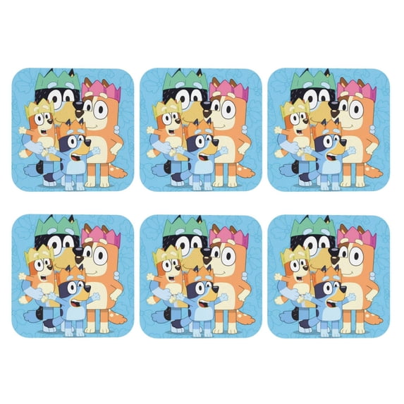Lsque Bluey Pattern 4" Drink Coasters Set of 6, Leather Absorbent Coasters, Table Coaster Set Decorative Coffee Cup Coasters Housewarming Gift