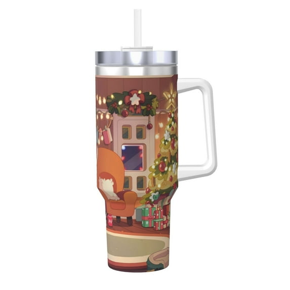 Lsque Bluey Pattern 40 OZ Ice Bully Cup with Handle and Straw, Double Wall Stainless Steel Tumbler Travel Coffee Cup with Lid for Christmas Present