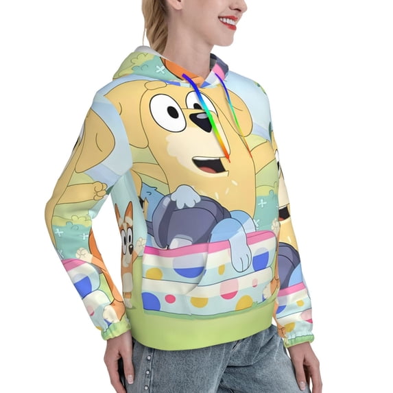 Lsque Bluey Pattern Casual Women's Hoodie,Hooded Sweatshirt with Kangaroo Pocket,Pullover Hoodie with Eye-catching Drawstrings-Large