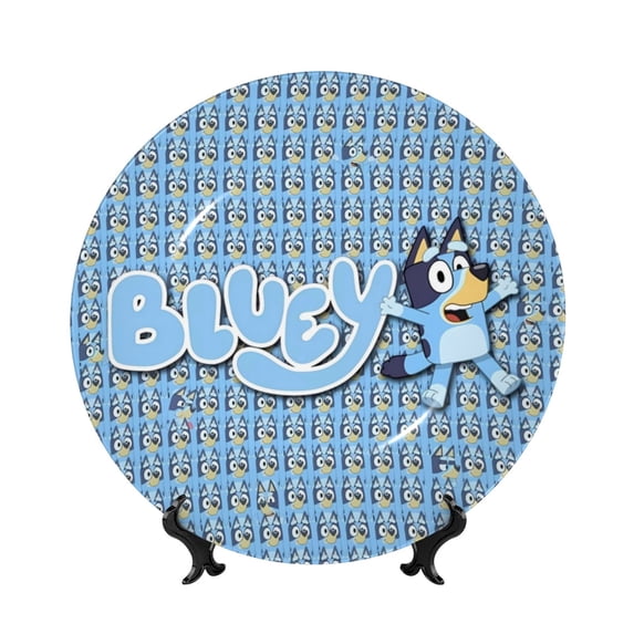 Lsque Bluey Pattern Ceramic Decorative Plate Decorative Plates with Display Stand Personalized Porcelain Plate Ceramic Ornaments for Wall Hanging Decoration-10in