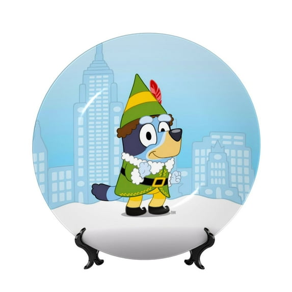 Lsque Bluey Pattern Ceramic Decorative Plate Decorative Plates with Display Stand Personalized Porcelain Plate Ceramic Ornaments for Wall Hanging Decoration-8in