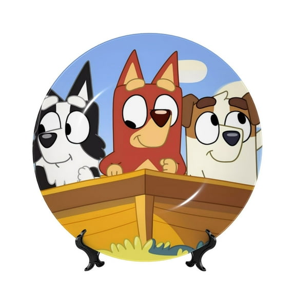 Lsque Bluey Pattern Ceramic Decorative Plate Decorative Plates with Display Stand Personalized Porcelain Plate Ceramic Ornaments for Wall Hanging Decoration-8in