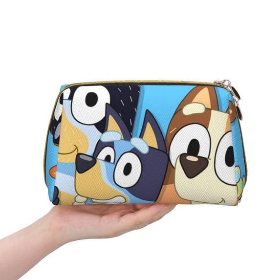 Lsque Bluey Pattern Genuine Leather Makeup Bag Cosmetic Pouch Travel Organizer Toiletry Clutch Large Capacity Travel Cosmetic Bag