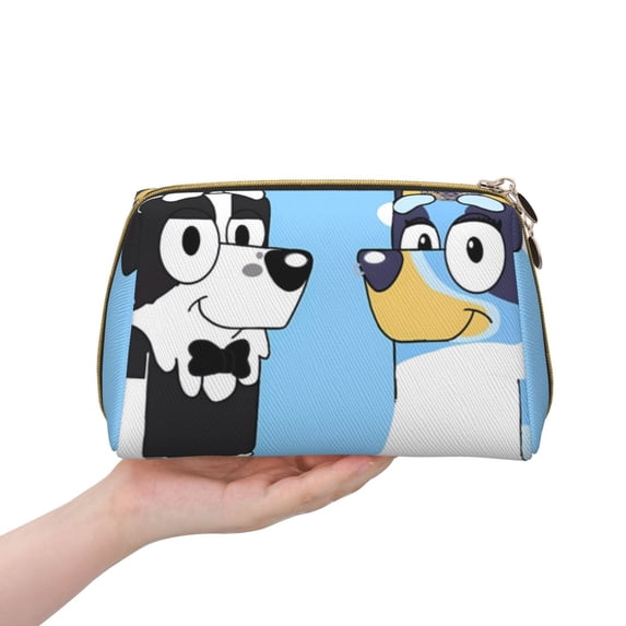 Lsque Bluey Pattern Genuine Leather Makeup Bag Cosmetic Pouch Travel Organizer Toiletry Clutch Large Capacity Travel Cosmetic Bag