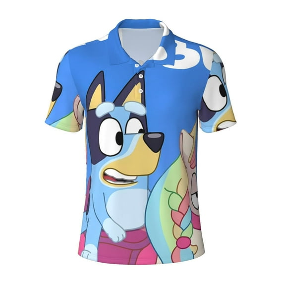 Lsque Bluey Pattern Golf Shirts for Men Dry Fit Print Moisture Wicking Performance Short Sleeve Polo Shirt-Large