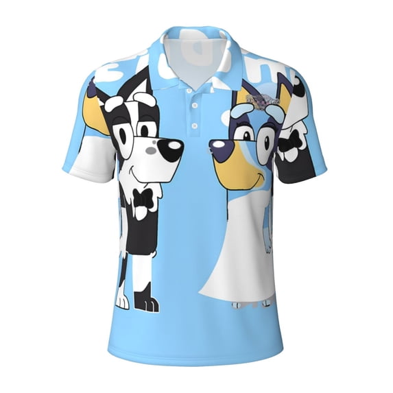 Lsque Bluey Pattern Golf Shirts for Men Dry Fit Print Moisture Wicking Performance Short Sleeve Polo Shirt-Medium
