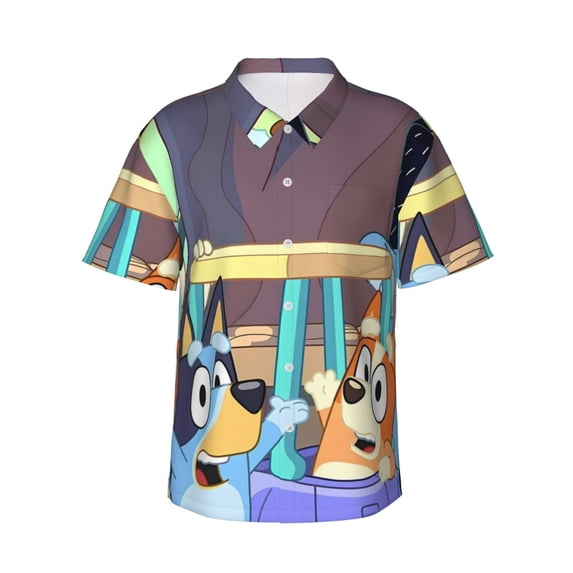 Lsque Bluey Pattern Hawaiian Shirt for Men Unisex Summer Beach Casual Short Sleeve Cotton Linen Button Down Shirts-Large