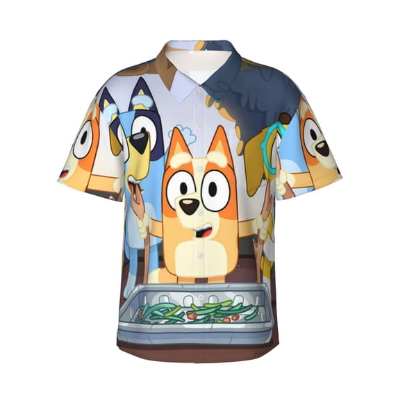 Lsque Bluey Pattern Hawaiian Shirt for Men Unisex Summer Beach Casual Short Sleeve Cotton Linen Button Down Shirts-Medium