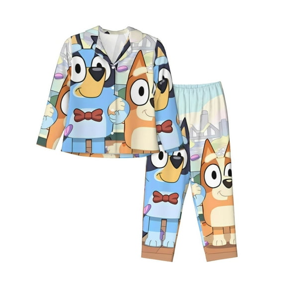 Lsque Bluey Pattern Long Sleeve Pajama Set for Women - Soft 2-Piece Sleepwear and Loungewear Set with Pockets, Comfy Nightwear