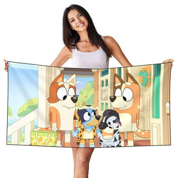 Lsque Bluey Pattern Microfiber Bath Beach Towel Silver Fox Velvet Beach Towel Oversized Quick Dry Absorbent for Pool Swimming Bathroom 27.5x55in