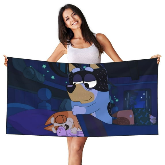 Lsque Bluey Pattern Microfiber Bath Beach Towel Silver Fox Velvet Beach Towel Oversized Quick Dry Absorbent for Pool Swimming Bathroom 27.5x55in