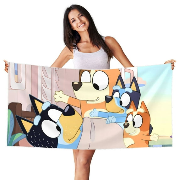 Lsque Bluey Pattern Microfiber Bath Beach Towel Silver Fox Velvet Beach Towel Oversized Quick Dry Absorbent for Pool Swimming Bathroom 27.5x55in