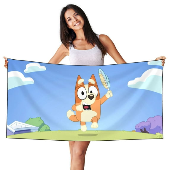 Lsque Bluey Pattern Microfiber Bath Beach Towel Silver Fox Velvet Beach Towel Oversized Quick Dry Absorbent for Pool Swimming Bathroom 27.5x55in