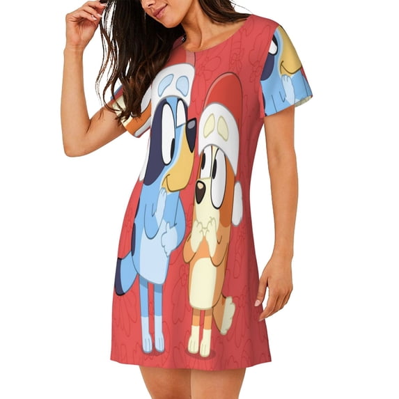 Lsque Bluey Pattern Nightgowns for Women Sleep Shirts Short Sleeve Nightshirt Pullover Nightdress Soft Sleepwear Relaxed Fit Nightdress