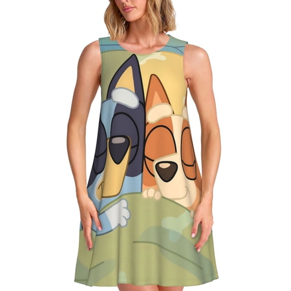 Lsque Bluey Pattern Summer Dresses for Women – Sleeveless T-Shirt Swing Sundress, Perfect for the Beach and Casual Days