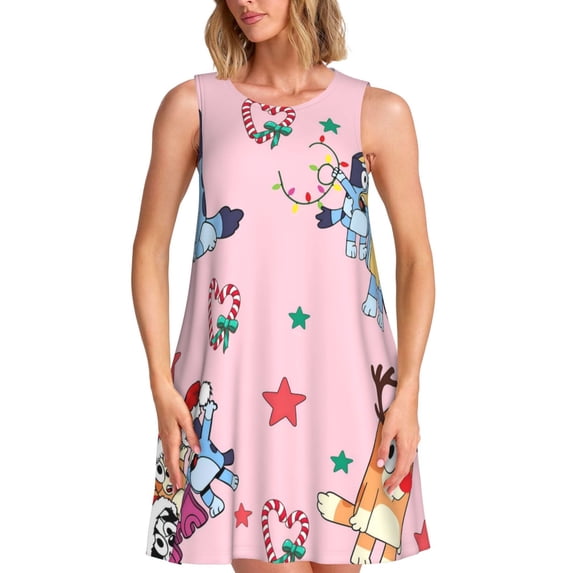 Lsque Bluey Pattern Summer Dresses for Women – Sleeveless T-Shirt Swing Sundress, Perfect for the Beach and Casual Days
