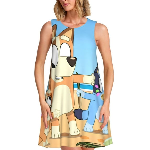 Lsque Bluey Pattern Summer Dresses for Women – Sleeveless T-Shirt Swing Sundress, Perfect for the Beach and Casual Days