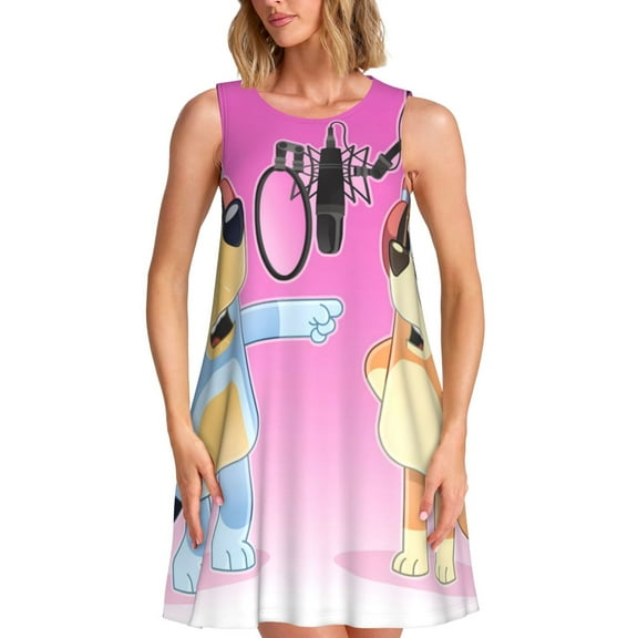 Lsque Bluey Pattern Summer Dresses for Women – Sleeveless T-Shirt Swing Sundress, Perfect for the Beach and Casual Days