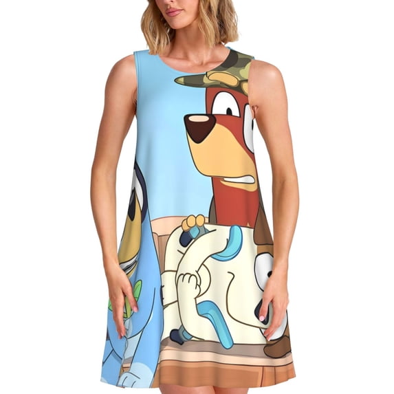 Lsque Bluey Pattern Summer Dresses for Women – Sleeveless T-Shirt Swing Sundress, Perfect for the Beach and Casual Days