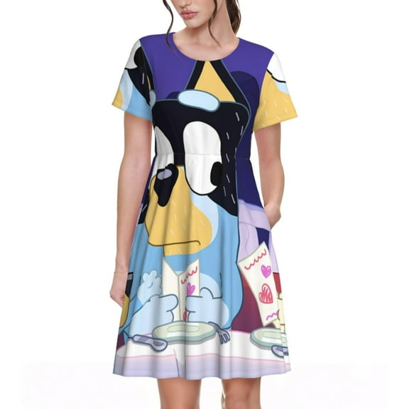 Lsque Bluey Print Women's Casual Dress T-Shirt Summer Short Sleeve Scoop Neck Swing Dresses