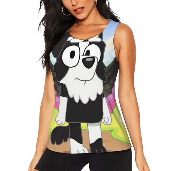 Lsque Bluey Printed Workout Tank Tops for Women, Athletic Sports Tank Tops, Compression Sleeveless Dry Fit Shirts,Sleeveless Yoga Shirt-Large