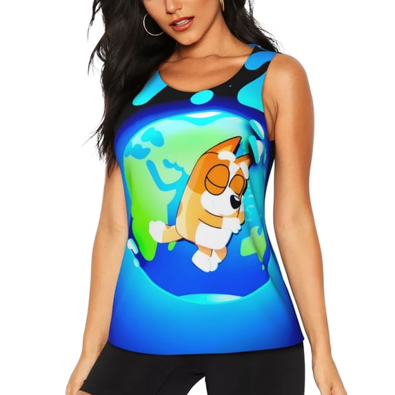 Lsque Bluey Printed Workout Tank Tops for Women, Athletic Sports Tank Tops, Compression Sleeveless Dry Fit Shirts,Sleeveless Yoga Shirt-Large