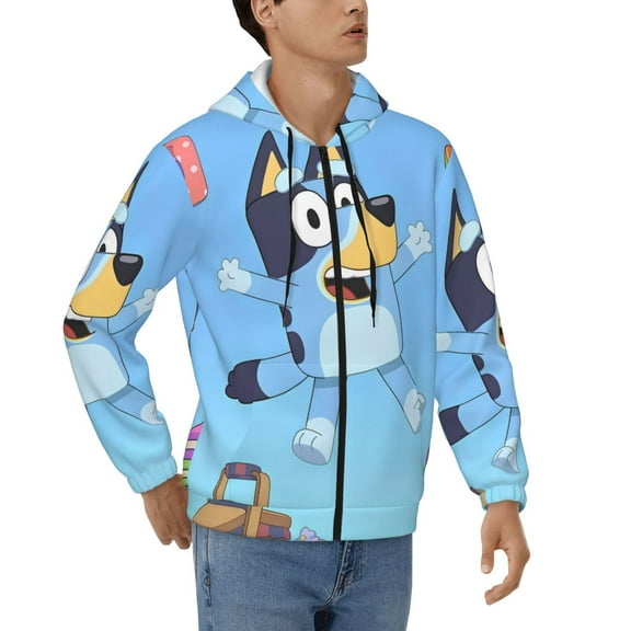 Lsque Bluey for Mens Full-zip Hoodie, Zip-up Pullover Hooded Sweatshirt, Kangaroo Pocket Hoodie Ideal for Daily Wear, Travel, and Home-Large