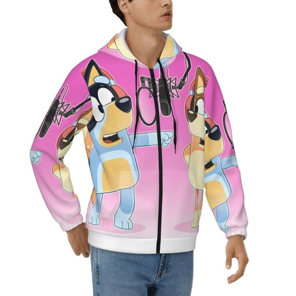 Lsque Bluey for Mens Full-zip Hoodie, Zip-up Pullover Hooded Sweatshirt, Kangaroo Pocket Hoodie Ideal for Daily Wear, Travel, and Home-Small