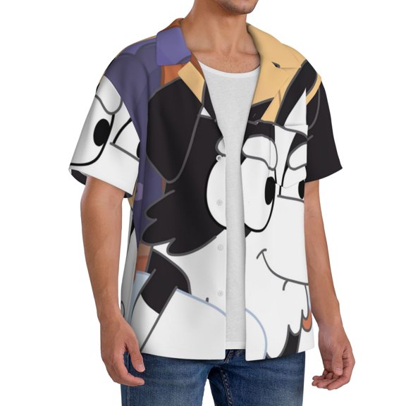 Lsque Bluey print Men's Cuban Collar Short Sleeve Shirt Summer Beachwear Casual Button Down Fashionable Vacation Leisure Shirt-Small